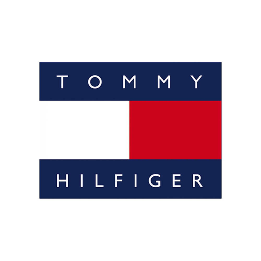 Logo Tommy Hilfiger chữ trắng trên nền đỏ-xanh xen kẽ