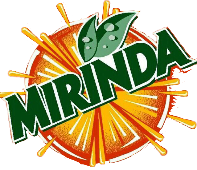 Logo Mirinda nền cam có chữ màu xanh lá và màu trắng, kiểu chữ vui tươi